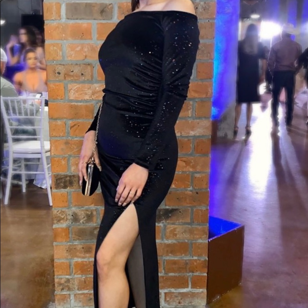 Off the shoulder velvet dress.